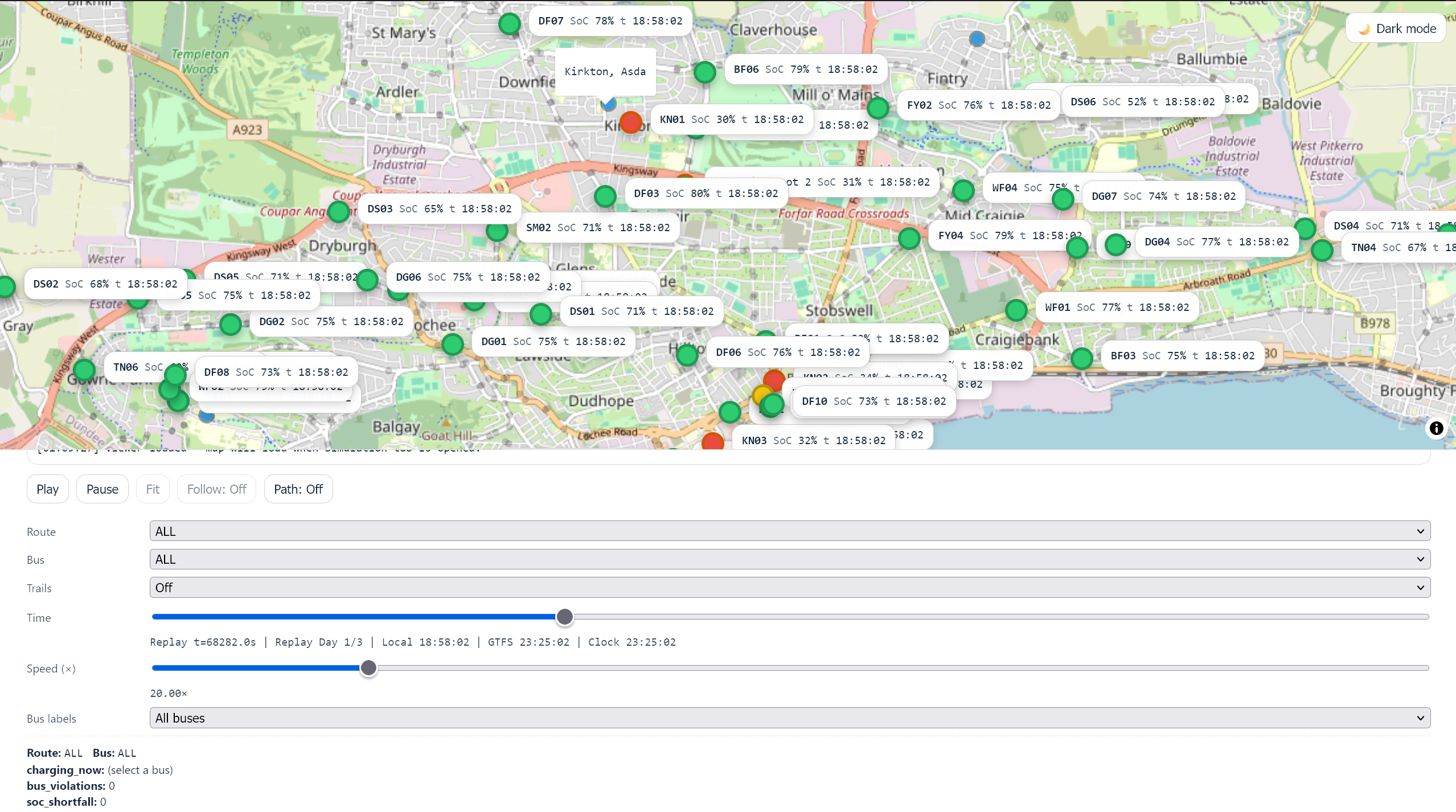 Electric bus charger optimisation simulation map